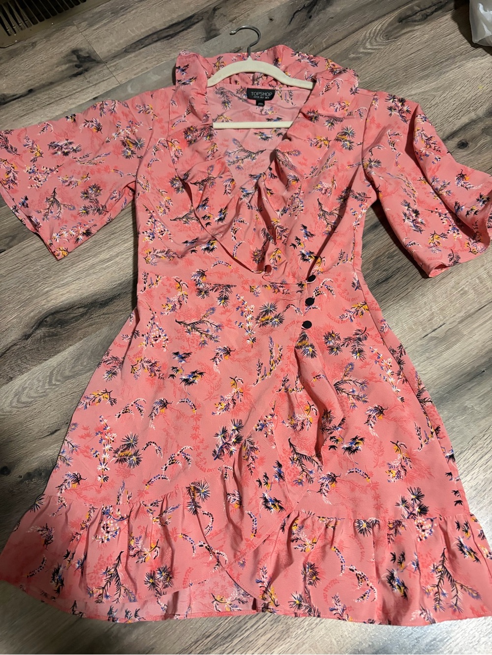 TOPSHOP Coral Floral Ruffle Wrap Dress- size 2